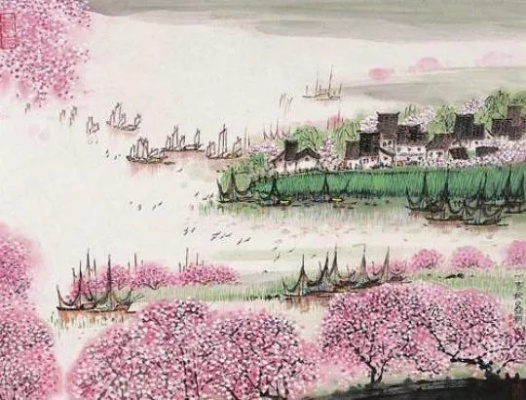 (江南春·千里莺啼绿映红唐 · 杜牧)江南春色千里莺啼，翠绿红色交相辉映